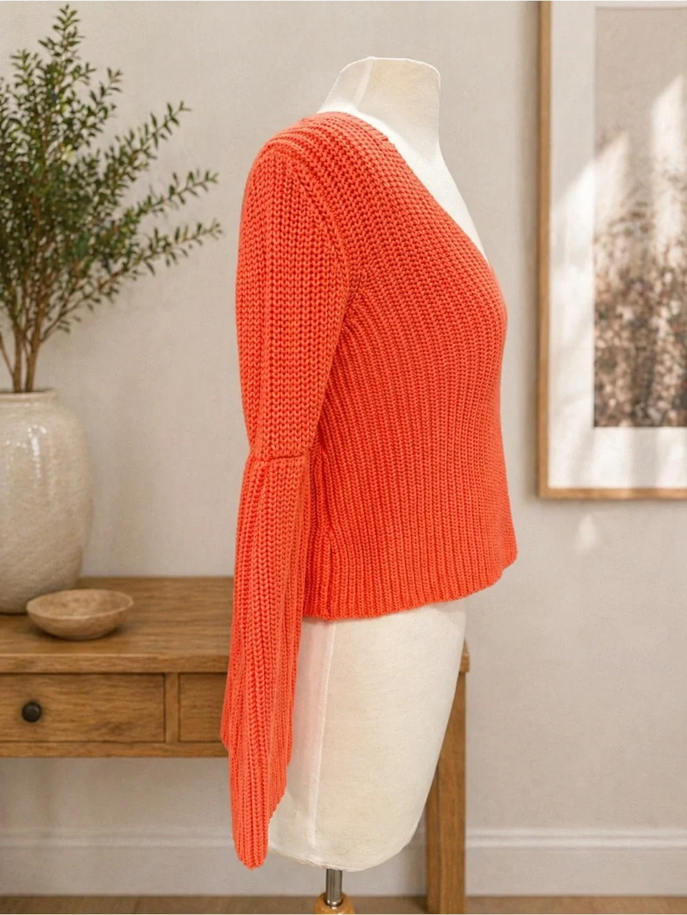 Free People Chunky Knit Sweater Small Orange Bell Sleeve Cropped Cotton Boho